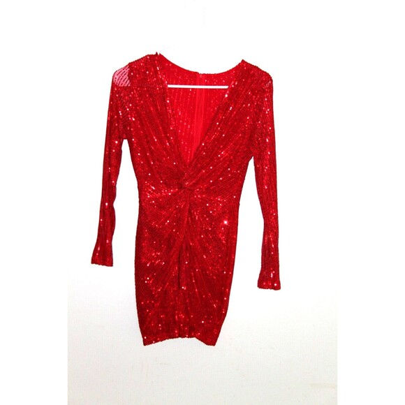 Womens Red Sequin Mini Long Sleeve V Neck Lined Twisted Waist Full Zip Size Sm - Picture 1 of 7